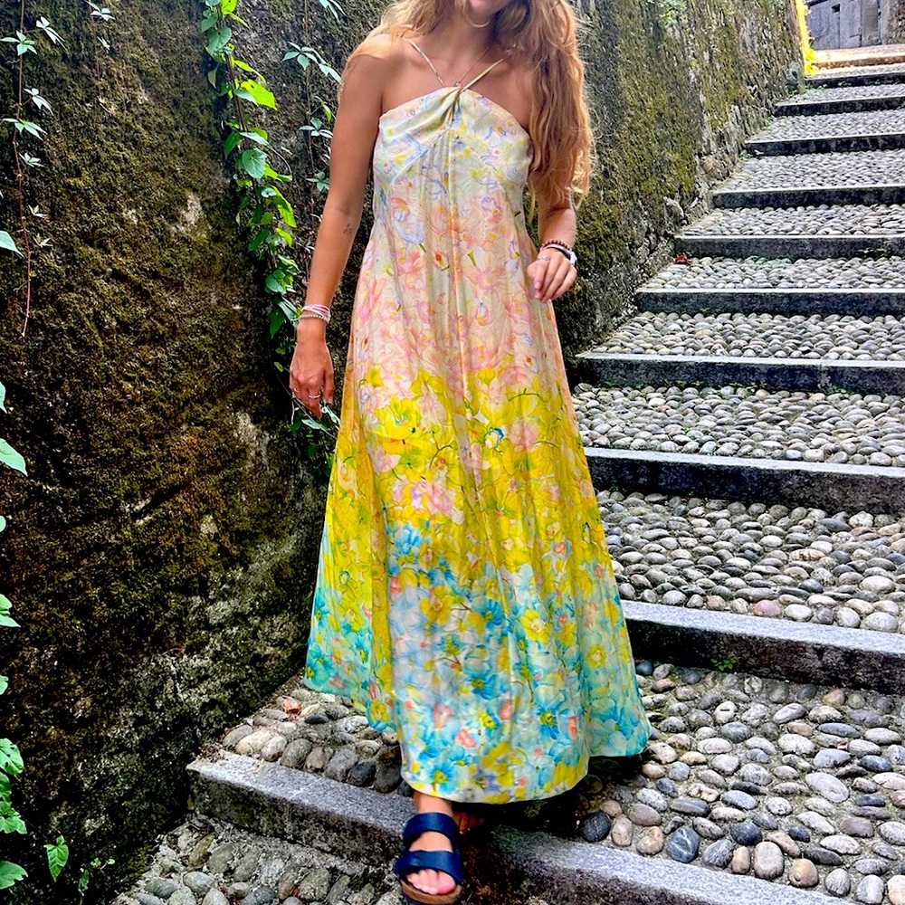 Wild Orchid Halter Neck Flared Dress La Fuori Anthropologie Floral Maxi NWT
